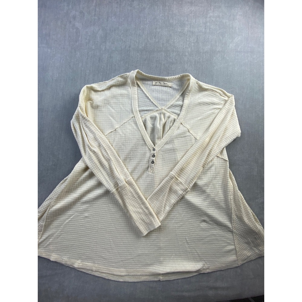 We The Free People Cream Waffle Knit Henley V-Neck Thermal Top Small Ivory Boho - Picture 1 of 5